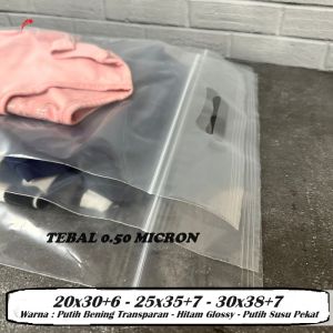 Kantong Plastik Klip Packing Olshop Pakaian Uk 30x38+7-25x35+7-20x30+6 Warna Bening-Putih Susu-Hitam