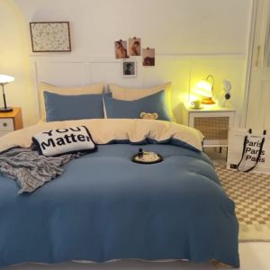 Four-Piece Set Simple Japanese Style Washed Cotton Solid Color Bed Sheet Duvet Cover Student Dormitory Single Bed Cover Three-Piece Set for Autumn and Summer LZD