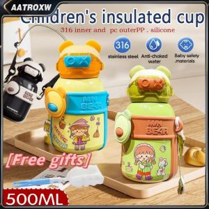 Cute OX Bear Kids Hot And Cold Tumbler 500ml Cartoon 316 Stainless Steel Vacuum Flask  For Hot And Cold Large Capacity Childrens Thermos Cup   Aatroxw