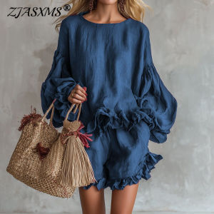 Bohemian Casual Vacation Outfits Woman Elegant O Neck Ruffle Hem Top And Beach Shorts Set Spring Solid Loose Fit Streetwear Suit2026