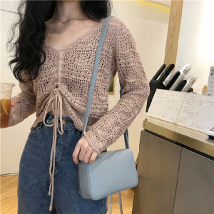 SIS Korean Style Summer New Casual V-neck Long Sleeves Simple Sweet T-shirt Tops Hollow Fashion