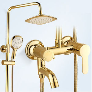 Shower set kamar mandi warna emas kuningan keran shower air panas dingin dengan kepala pancuran curah hujan 8 inci dan hand shower