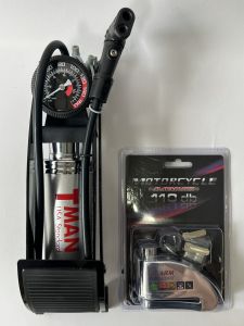 Combo bơm đạp chân T-Man USA Standard đồng hồ xịn và khóa đĩa xe máy báo động bản nâng cấp