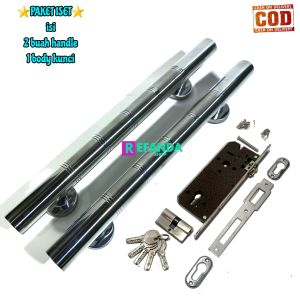 1set lock body kunci dan 2 buah gagang tarikan handle pintu rumah modern pilihan panjang 33cm dan 45cm bahan stainless steel untuk pintu depan dan kamar daun pintu 1