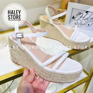 Giày cói sandal 2Q xéo HALEY STORE cao gót 9cm đế xuồng nâu hai quai khóa cài tiểu thư công chúa đi chơi đi làm du lịch