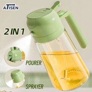 Atisen 470Ml 2 In 1 Spray Oil Bottle Glass Oil Sprayer Dispenser Bottle Food-grade Vinegar Bottle Condiments Organizer Bottle For Air Fryer Oil Spray