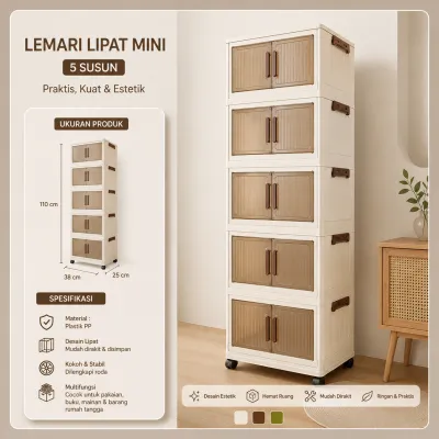 Lemari Lipat Mini Plastik PP Premium Rak Penyimpanan Serbaguna Organizer Baju Mainan Buku Anti Debu Dengan Roda