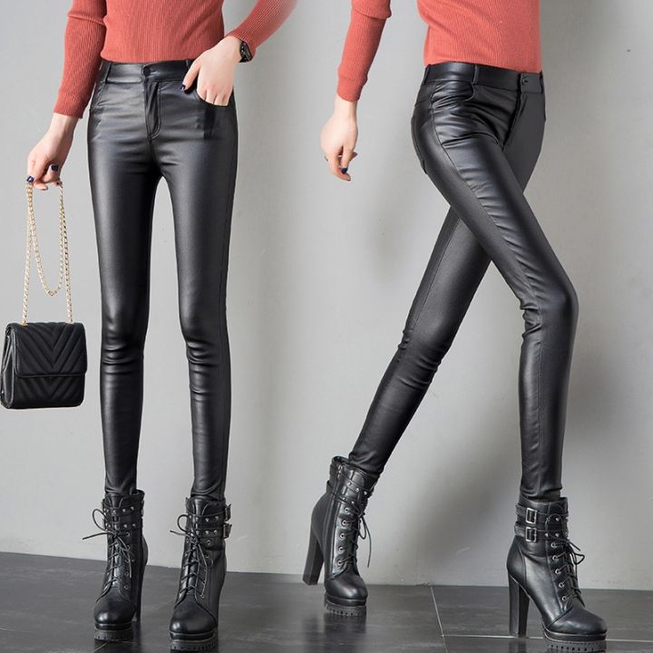 Autumn and winter high-waisted leather pants women plus velvet outer wear  leggings matte small feet tight show thin PU thermal pants women
