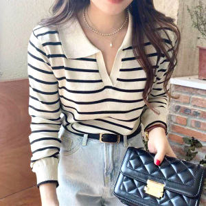 CHICCHIC Áo thun tay dài thời trang Hàn Quốc Áo sơ mi sọc nữ