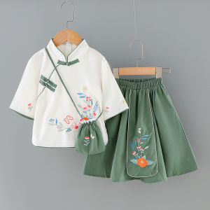 [Brandedbaby] 3T-8T Setelan Cheongsam Anak Perempuan 2-in-1 Gratis Tas Imlek Hanfu Pink Hijau Woven Soft Bordir Premium