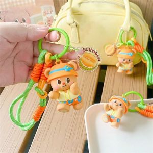MING1996 Durian Butter Bear Keychain Flower Creative Car Keyring Bag Decor PVC Dolls Pendant Girl