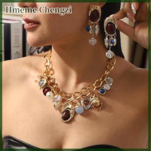 Hmeme Retro Luxuriou Necklace Earrings Set Bohemian Resin Beaded Jewelry For Women Party Gift