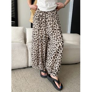 2026 Summer New Leopard Printed Pants Elastic Waist Drawstring Loose Casual Lantern Wide Leg Trousers