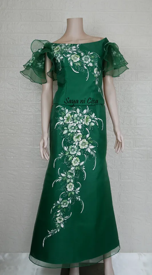 Filipiniana Flare Sleeve Blouse and Skirt Dress-Emerald Green | Lazada PH