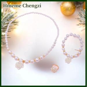 Hmeme Simple Camellia Handmade Pearl Beaded Bracelet Necklace Ring Set Women Accessries Jewelry Set Gift