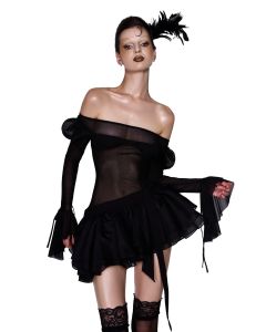 LSOUL - Sixième Sens Dress ชุดเดรสรัดรูปเปิดไหล่ซีทรู กระโปรงแบบชั้นสีดำ