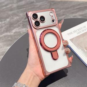 Luxury Squared Transparent Armor Magnetic Stand Phone Case For iPhone 17 Air 16 15 14 Pro Max Plus Lens Protection Frosted Cover