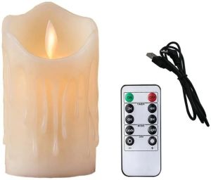 (In stock) USB Rechargeable Flameless Electric Candle Lamp Dripped Paraffin Wax Dancing Moving Wick Home Party Bar Pillar Candles with Remo