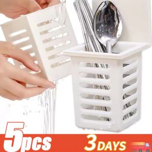 5Pcs Wall-mounted Drain Basket for Kitchen Chopsticks Spoon Holder Punch Free Wall Storage Rack Shelf Muti-functional Bathroom Wall Organizer
