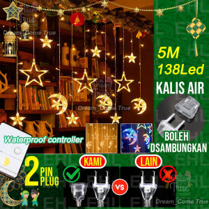 Lampu Hias Natal Lampu Kelap Kelip Lampu Hias 2025 NEW 5Meter 11modes Lampu Ramadhan Lampu Hias Lampu LED Bintang Bulan Tirai Lampu Dekorasi Outdoor Tahan Air Lampu Kelap Kelip with EU Plug