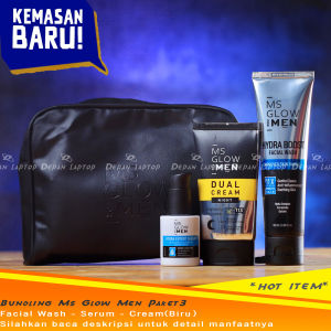 Paket Basic Skin Care Pria MS Glow For Men Serum Facial Wash Cream Bonus Pouch Acne Brightening Hydra