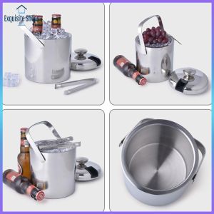 Luxury Double Wall Stainless Steel Ice Bucket with Lid and Tongs for Wine and Champagne Chilling Heavy Duty Silver Color