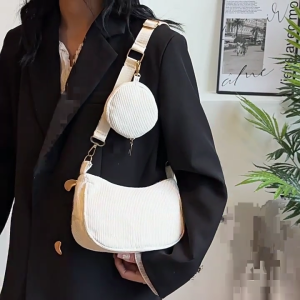Korean Elegant and Practical Solid Color Shoulder Underarm Bag Corduroy Zippered Crossbody Bag with Purse for Women