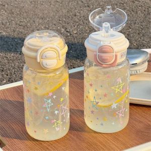 NALANILI với ống hút Bình Nước Ngôi Sao PC trong suốt 500ML Cốc nước Kawaii Di động Bình đựng nước Cà phê đá