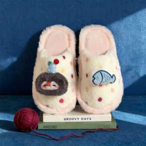 WY-XIXITIAO ins Cute Blue and White Cat Bedroom Womens Cotton Slippers Home Student Japanese Style Warm Floor Closed-Toe Furry Shoes