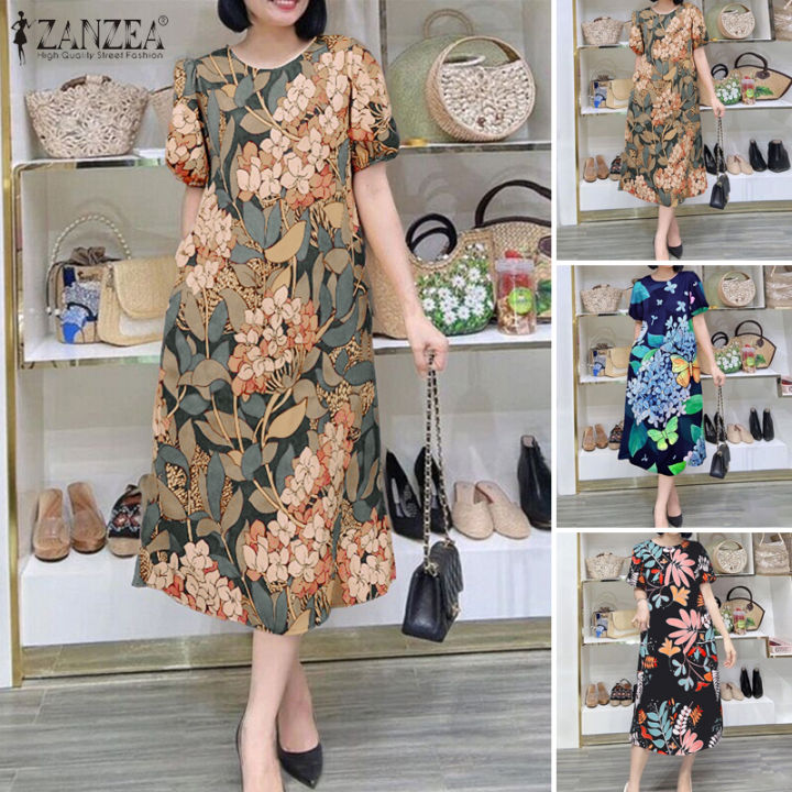 Esolo ZANZEA Women Vintage Floral Print Midi Dresses Summer Short Puff ...