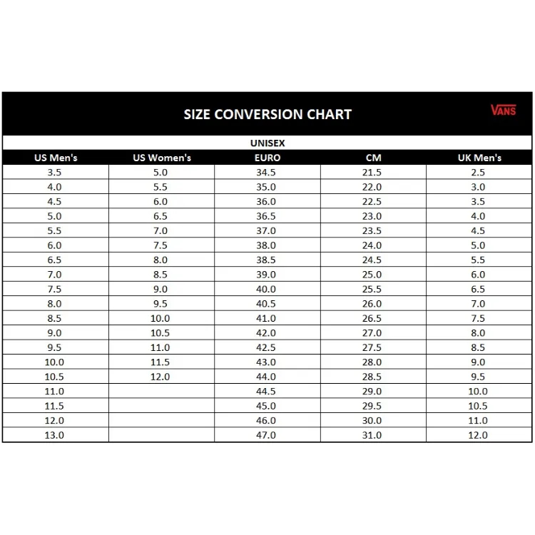 Old skool clearance vans size chart