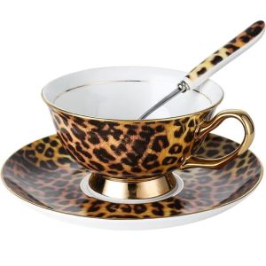 LETIGO Leopard Print Ceramic Coffee Cup Set Bone China Retro Teacup With Saucer High-End European Style Milk Mug Home Use
