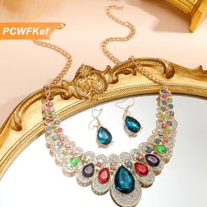 【PCWFKef】 Đồ trang sức thiết lập thời trang kim loại lấp lánh Kim Cương Vòng cổ bông tai Set đối với người phụ nữ Đảng đồ trang sức quà tặng