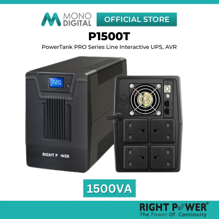 RIGHT POWER 1500VA UPS (POWERTANK PRO P1500T) AVR AVS AUTOMATIC VOLTAGE STABILIZER REGULATOR WITH 4 BRITISH UK OUTPUT, 1 USB PORT & POWER MANAGEMENT SOFTWARE.