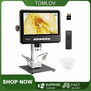 TOMLOV DM402 Pro 2K Digital Microscope 1200x 10.1 inch IPS HDMI Microscope with ScreenButtom Transmitted Light 24MP LCD Digital Soldering Coin Microscope10" StandPC/TV Compatible32GB