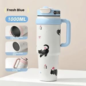 LULU Large Capacity Stainless Steel Thermal Tumbler Cup with Dual-drinking Options Cute Cartoon Design Handle and Straw