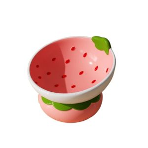 DGFDF Hand Painted Ceramic Raised Cat Bowl Fruit Series High Foot Tilted Cat Dish Puppy Bowl Oblique Mouth Anti Vomiting Cat Bowl For Dog Cat