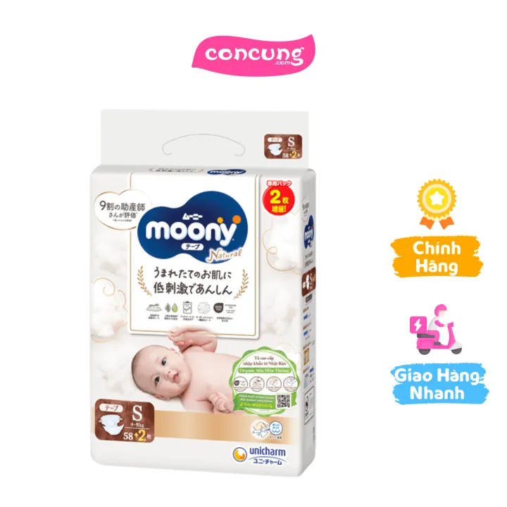 Tã dán Moony Natural (S, 58 miếng + 2 miếng)