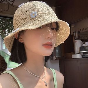 WENTIVV Summer Outdoor Foldable Beach Hat Panama Cap Sunscreen Boho Flower Handmade Weave Straw Hat Sun Cap Sun Protection Sun Hat