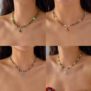 [fenggongshuode] Red And Green Christmas Necklace Christmas Tree Snowflake Pendant Collarbone Chain Contrasting Bead Necklace