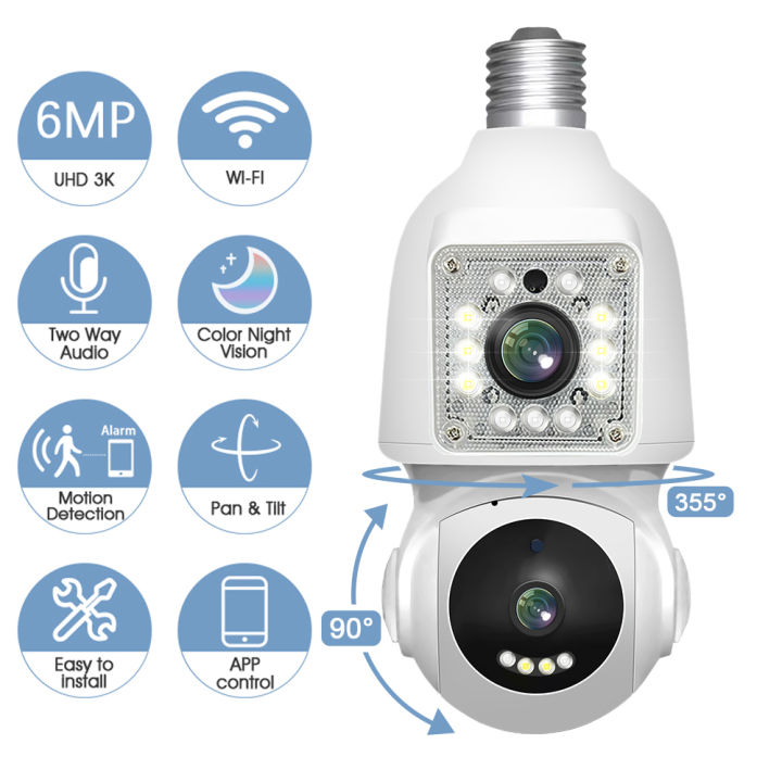 3K 6MP Dual Lens E27 WIFI Bulb PTZ IP Camera Dual Screen Light AI