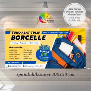 Cetak Spanduk Banner Biru dan kuning modern simpel jualan produk toko alat tulis