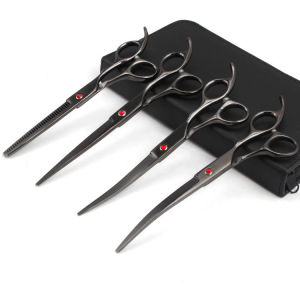 7 Inch Stainless Blue Grooming Shears Straight Scissor Thinning Shears Curved Shears Professional Pet Scissor for Dags or Cats