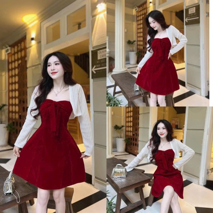 Áo dài cách tân viền bèo, Áo dài đỏ đô cổ bèo kèm chân váy lụa mềm trắng tết  2022 | Shopee Việt Nam