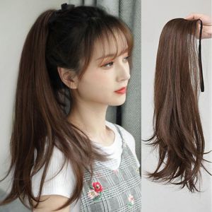 XINSU38 Brown Soft High quality Clip In Girls Heat Resistant Fiber Invisible Women Hair Extension Synthetic Drawstring Straight Ponytail Ladys Wig Long Ponytail Wig Pony Tail Hairpiece
