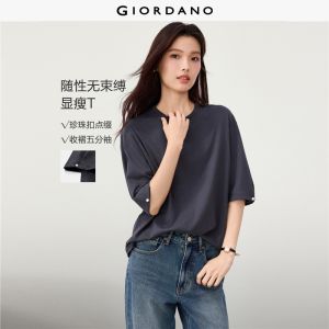 Giordano Beau Monde Women 100% cotton gathered cuffs 1/2 sleeve tee Free Shipping 13326623