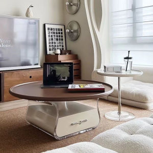 Modern Simple Round Cream Tea Table Set Living Room Home Acrylic Tea Table French Small Household Tea Table Side Table