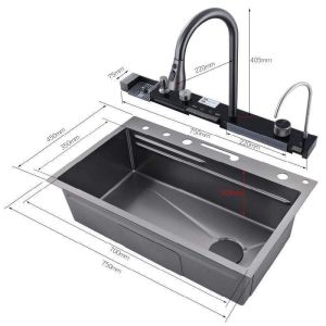 Chậu Rửa Bát 1 Hố Inox 304 Hiển Thị Nhiệt Độ Có Vòi Rút Thác Nước Bồn Rửa Chén 1 Ngăn Lớn Gồm Thớt Nước Ngang Khay Rửa Xiphong