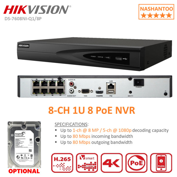 HIKVISION DS-7608NI-Q1/8P 8CH 1U PoE NVR, 1SATA Interface Network Video  Recorder (NOTE with OPTIONAL HDD) NASHANTOO