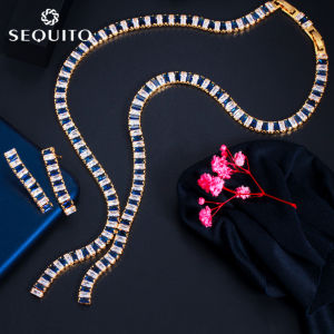 SEQUITO Gorgeous Crystal Long Pendant Necklace Earrings Setting Yellow Gold Plated CZ Ethiopian Indian Jewelry Set SJ186